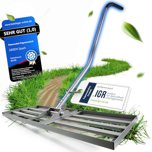 GREEN Spark® Rasenrakel [Ergonomisch] mit Klicksystem | 80x30cm | für perfekt Ebene Rasenflächen | Rakel für Rasen Nivellierrechen zum Rasen sanden Rasen Rakel Lawn Leveling Rake Rasenrakel mit Stiel
