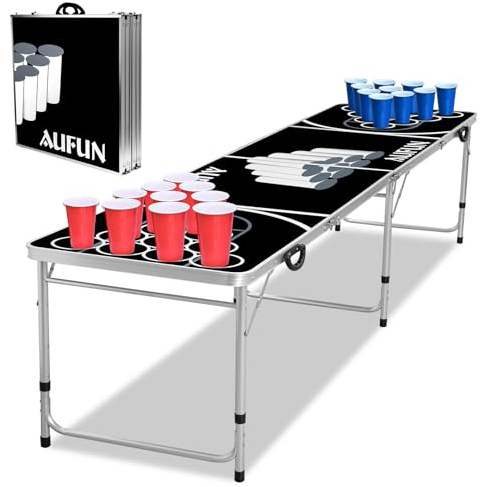 XMTECH Beer Pong Set inkl. 100 Becher (50 Rot & 50 Blau), 5 Bälle, Klappbar & Höhenverstellbarer Tisch, Partyspiele Table