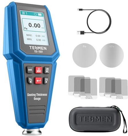 TESMEN TCG-2001 Lackschichtdickenmessgerät für Autos, Digitales Lackmessgerät mit Balkendiagramm, 4-Wege-Farbdisplay mit Hintergrundbeleuchtung, Alarm, Fe/NFe-Sonde – Blau