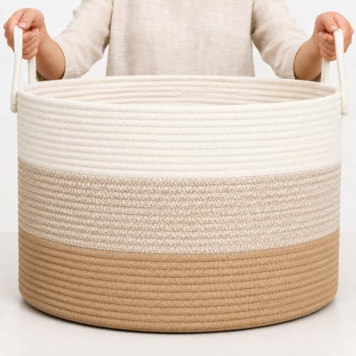OrganiHaus Korb Geflochten Rund, Wäschekorb Geflochten, Korb Aufbewahrung Groß, Aufbewahrungskorb Kinderzimmer, Aufbewahrungskorb für Decken Kissen Spielzeug, Faltbar mit Griff - 50x33cm, Honig