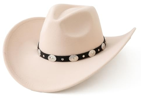 Lanzom, weitkrempiger Western-Cowboyhut mit Gürtel-Schnalle, Filz, Panama-Hut, für Damen und Herren, Beige, M-L
