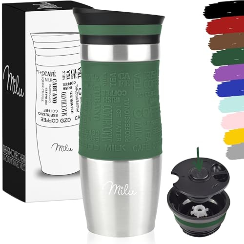 Milu Thermobecher Kaffee to go 370ml, 450ml Isolierbecher Kaffeebecher - 100% Auslaufsicher - Trinkbecher aus Edelstahl - Autobecher doppelwand Isolierung - Travel Mug (Olivgrün, 370ml)