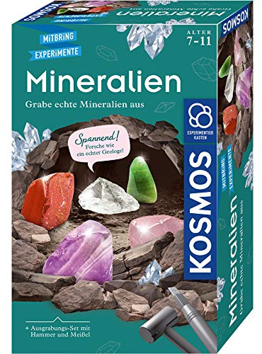 KOSMOS Mineralien Ausgrabungs-Set, Grabe echte Mineralien selbst aus | Mit Hammer und Meißel, 5 faszinierende Schmucksteine, Experimentierset für Kinder ab 7 Jahre zum Thema Geologie