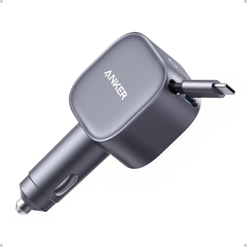 Anker 75W Zigarettenanzünder USB C, Ultra- kompaktes Auto Schnellladegerät | Typ-C Kfz ladegerät mit einziehbare Kabel für iPhone 17/16/15 Serie, MacBook Pro / Air, iPad, Galaxy, AirPods
