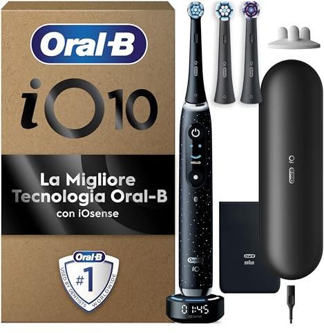 Oral-B iO Series 10 Elektrische Zahnbürste mit 3 Aufsteckbürsten, Schwarz - Electric Toothbrush, Inkl. iOSense, Lade-Reise-Etui Und 7 Putzmodi für Zahnpflege, Designed by Braun
