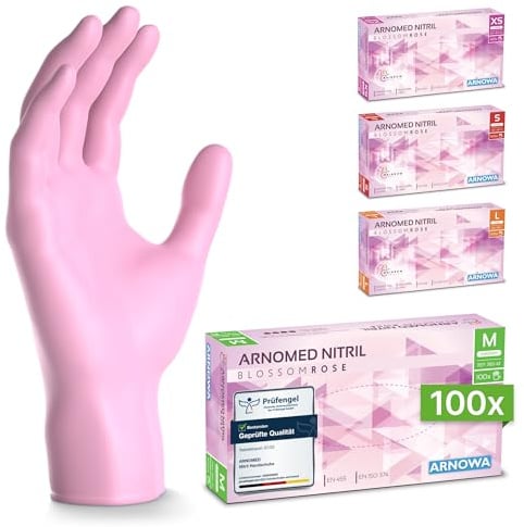 ARNOMED Einweghandschuhe Pink 100 Stück/Box, Nitrilhandschuhe M, Einmalhandschuhe, Handschuhe Einweg puderfrei, latexfreie Gummihandschuhe, Einweghandschuhe in XS, S, M & L verfügbar