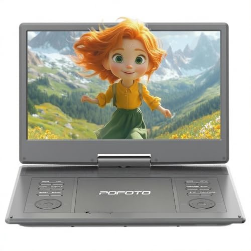 POFOTO 15,7 Tragbarer DVD-Player mit 14,1 HD-Schwenkdisplay, 6h Akkulaufzeit, Zonenfrei, Unterstützt Mehrere Formate/SD/USB, TV/Beamer-Anschluss, Stereo-Lautsprecher, Speicherfunktion (Grau-schwarz)