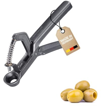 Westmark Olivenentsteiner Olivus Black Edition – Entkerner für große & kleine Oliven – Praktisches Einhandgerät mit Feder – Anthrazit