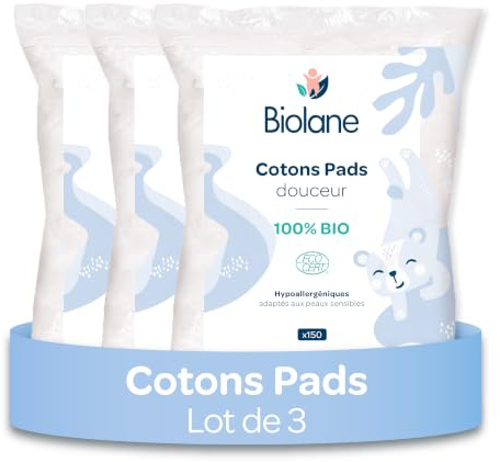BIOLANE - Set mit 3 weichen Wattepads – 100% Bio – 150 Baumwolle – für empfindliche Haut – Change & Toilette – ab der Geburt –