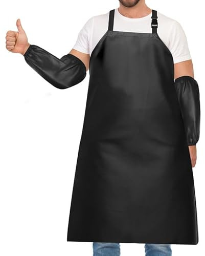 Schürze Wasserdicht Ölbeständige Unisex Metzgerschürze mit 2 Ärmelschützer | Schwarz Arbeitsschürze, Fleischerschürze für Geschirrwaschen, Industrie, Metzgerei, Reinigung, Hundepflege