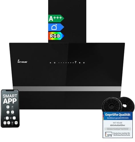 KKT KOLBE Dunstabzugshaube 60 cm | 782 cbm/h Umluft Abluft | Kopffrei | Wandhaube | Schwarz Glas | Smart WiFi App WLAN | RGBW-LED-Beleuchtung | EASY6005SM