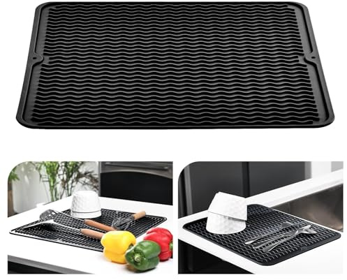 KitchenRaku Abtropfmatte 40x45cm, Geschirr aus Silikon hitzebeständiges rutschfestes Abtropfmatte Spüle,Spülmatte Abtropfunterlage,Tischset (Schwarz)