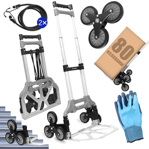 Allyson® Treppensteiger Sackkarre klappbar bis 80 kg Tragkraft, 6-Rad Treppensackkarre & Transportwagen für Treppen, Umzug & Haushalt, inkl. Spanngurte & Handschuhe