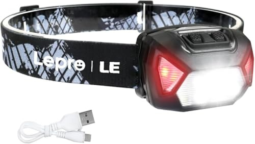 Lepro Stirnlampe LED Wiederaufladbar, 2000 Lux Superhell Kopflampe Stirnlampe mit Rotlicht und 6 Lichtmodi, IPX4 Wasserdicht Stirnleuchte, Ideal für Camping&Joggen, Schwarz [inkl. USB Kabel]