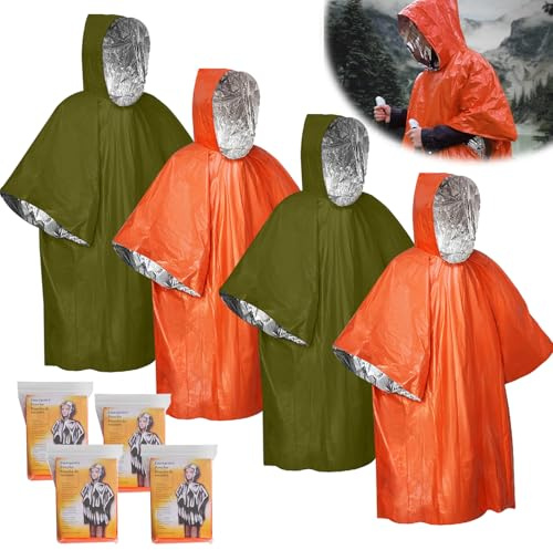 Editbar 4 Stück Notfall-Survival-Poncho,Notfall Regenponcho,Rettungsdecke Biwaksack,Notfallschlafsack, Erste-Hilfe-Wärmedecke,Isolierung und Regensicher, Geeignet Für Camping, Wandern und Notfälle
