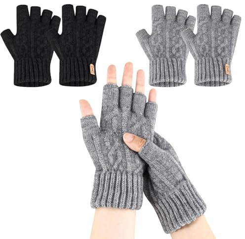 DINGFENG 2 Paare Thermisch Fingerlose Handschuhe Damen Herren Winter – Warme Strickhandschuhe ohne Fingerkuppen, Thermohandschuhe Outdoor, Handschuhe Damen Winter Radfahren Wandern