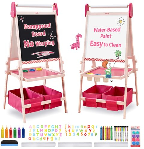 FUNLIO Staffelei Kinder von 3–8 Jahren, Anti-Warp-Board und Löschbarer Rahmen, Kindertafel mit Kreide und Magnet/Whiteboard, 3-fach höhenverstellbar, All-in-One staffeleien mit Papierrolle, Rosa