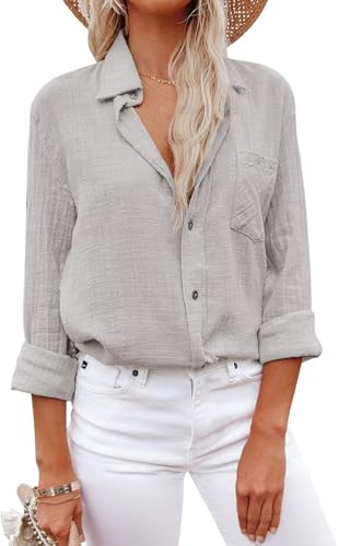 YUTILA Damen Musselin Bluse Langarm Einfarbig Locker Viskose Leinen | Locker, Hemdbluse Revers Knopfleiste, Casual Sommer, Weich, Atmungsaktiv, Blickdicht, Freizeitbluse mit Brusttaschen