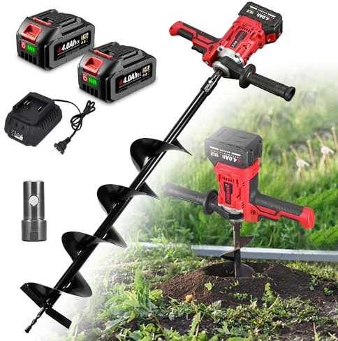 ONEVAN Akku Erdbohrer Bürstenloser, 900W Erdlochbohrer Pfahlbohrer mit 175Nm Drehmoment, 1380 U/min, 2-Gang Getriebe, 2×4.0Ah Akkus, Kabelloser Pfahlbohrer für Gartenbau, Bohren, Pfahlsetzung