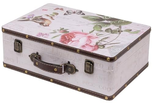 HMF Vintage Deko Koffer aus Holz, Aufbewahrungsbox mit Deckel und Ledergriff, stilvolle Aufbewahrung und Geschenkidee für Hochzeit oder Geburtstag | Rose | 38 x 26 x 13 cm