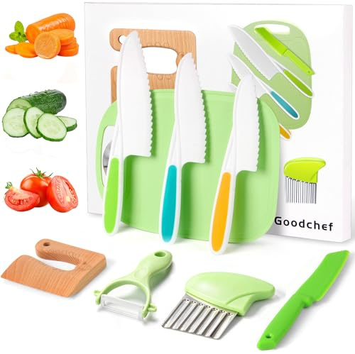 Goodchef Kindermesser, 8-teiliges Montessori Küchenset | Kindersicheres Lernmesser für Kinder, Kinder Schneideset, Spielküche Zubehör, Geschenk für kleine Küchenhelfer (Krokodil)