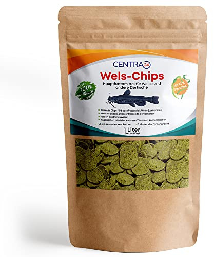 Centra24 Wels-Chips 1 Liter, Formstabile Wafer mit hohem Spirulina Anteil+Vitaminen, Futtertabletten, Welsfutter, Fischfutter, für L-Welse, Zierfische, wiederverschließbar.