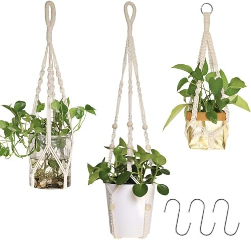 AceList Makramee Blumenampel 3er Set – Katzenfreundlich Ohne Quasten – Jute-Baumwolle Pflanzenhänger für Fenster&Innen, Montage ohne Bohren (inkl. 3 S-Haken), Passend für Ø 10-20 cm Töpfe, Boho Creme