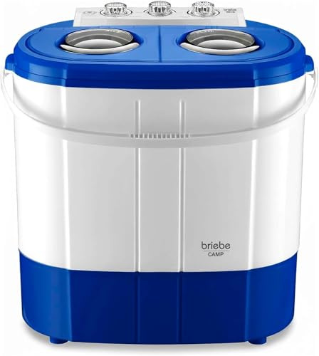 briebe Camp Mini-Waschmaschine, Tragbar, mit Schleuder, Camping, Kapazität 3 kg, Ideal für Reisen, Wohnwagen, Wohnmobile, Kleine mit 2 Fächern, Geringer Wasser- und Energieverbrauch, Blau/Weiß