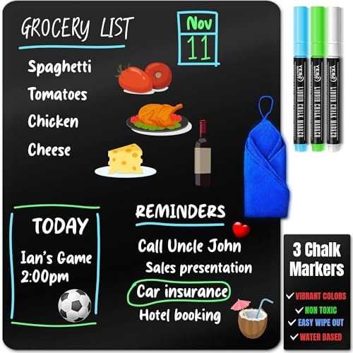 Magnetische trocken abwischbare schwarze Tafel für Kühlschrank (43 x 28 cm), schmutzabweisend mit 3 magnetischen Neon-Kreidemarkern und Radiergummi von Yes4Quality