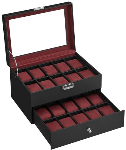 SONGMICS Uhrenbox, Uhrenkasten mit Glasdeckel, 2 Ebenen, Uhrenkoffer mit herausnehmbaren Uhrenkissen, Uhrenschatulle, Geschenkidee, PU-Bezug in Schwarz, Samtfutter in Weinrot JWB020R01
