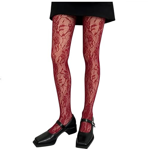 NIHENHAO Damen Netzstrumpfhose, gemustert, hohl, durchscheinend, Spitze, einfarbig, Burgunderfarben, Größe As Shown, Opazität 0.5, Unisex-Erwachsene