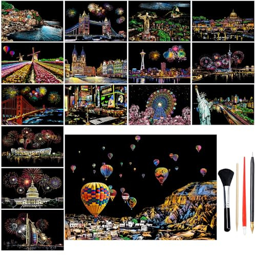 BSHAPPLUS Kratzbilder Kinder,16 Blätter A4 Regenbogen Kratzpappier Set(21x29,7cm) Stadt & Feuerwerk - Mit 4 Spezialwerkzeugen für Kinder & Erwachsene Kreativset