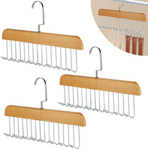 3 Stück Gürtelhalter Kleiderschrank 28cm, Holz Kleiderbügel Krawattemhalter mit 8 Haken, 360° Drehbarer Krawattenhalter, Holz Gürtelaufhänger für Krawatten, Gürtel, Unterwäsche
