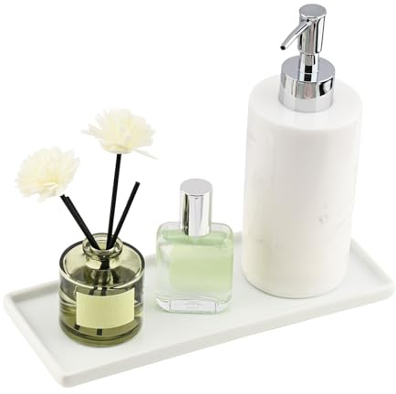 YoHyien Keramik Badezimmer Tablett, Deko Tablett Weiß, Badezimmertablett Länglich, Ablageschale Bad, Schmuckablage für Schminktisch, Bathroom Tray für Seifenspender, Kerzen, Kosmetik, Waschbecken (L)