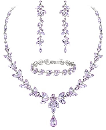 EVER FAITH Schmuckset Österreichisches Kristall Braut Schmuck-Set, elegante Marquise Strass Blatt Halskette mit baumelnden Ohrringen Tennis-Armband-Set, Hellvioletter Silberton