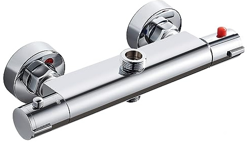 Duscharmatur mit Thermostat Duschthermostat Mischbatterie Dusche Chrom Thermostat Duscharmatur mit 2 Abgängen, 38°C Sicherheitstaste Verbrühschutz 20-50℃, Oben 3/4+Unten 1/2, Messing
