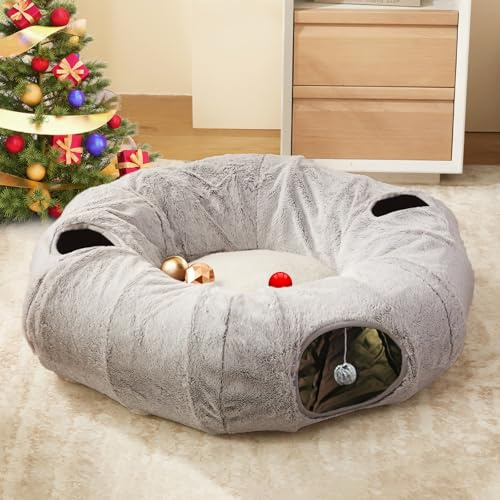 WINDRACING Katzentunnelbett für Indoor-Katzen - Niedlicher Katzen-Donut-Tunnel mit waschbarem Kreiskissen, rundes Haustier-Spielspielzeug für Kätzchen/Welpen/Kaninchen, Grau
