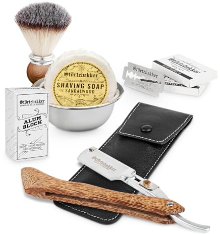 Störtebekker® Premium Rasiermesser Set für Herren im handgefertigten Lederetui - inkl. Rasierpinsel, Rasierschale, Rasierseife, Alaunstein und Rasierklingen - hochwertiges Nassrasierer Rasierset