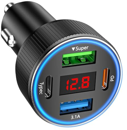 Zigarettenanzünder USB C, 4-Port USB-C Zigarettenanzünder Adapter, 12v USB Adapter Auto PD/QC Handy Auto Ladegerät with Voltmeter kfz Schnellladegerät für iPhone Samsung Telefon Tablets