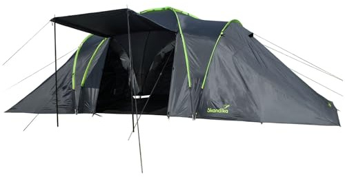 Skandika Daytona XXL Familienzelt für 6 Personen, Kuppel, 3 x Kabinen, Moskitonetze (Dunkelgrau/Grün)