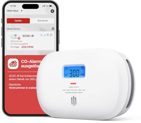 X-Sense Smart Kohlenmonoxid Melder XC0C-iR, TÜV Rheinland Zertifiziert, Stummschaltung per App, CO Melder mit LCD-Digitalanzeige, Kohlenmonoxidmelder mit austauschbarer Batterie, 1 Stück