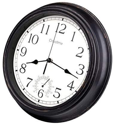30,5 cm große Retro-Uhr für drinnen und draußen, wasserdicht, mit Thermometer, leicht zu lesen, geräuschlos, hochwertig, Quarz, Vintage-Badezimmeruhr, batteriebetrieben für Terrasse, Haus, Garten