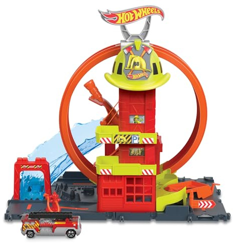 Hot Wheels City Super-Loop Feuerwehrstation Spielset & 1 Auto | Spielset mit Spielzeugauto, Aufzug, Wasser-Rampe, Streckenelemente, kombinierbar mit anderen Sets, HKX41