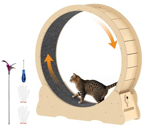UNIONLINE Katzenlaufrad für Hauskatzen, 110cm leises großes Katztreadmill mit Abnehmbarer Belegter Laufbahn, Trainingslaufrad für Haustiergesundheit & Unterhaltung (Naturholz)