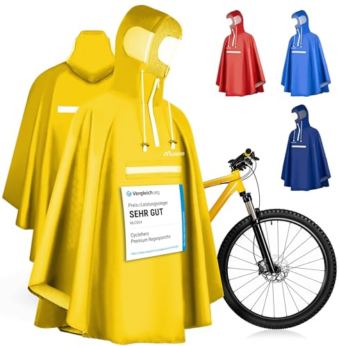 Regenponcho Fahrrad extra wasserdicht und robust - TEST SEHR GUT - Premium Regencape Fahrrad mit Reflektoren, Sichtfenster - Regenbekleidung als Regenponcho Herren und Damen - Regenjacke Gelb in L
