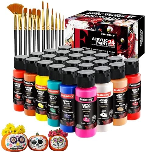 Fantastory Acrylfarben Set, 24 x 60ml hochpigmentierte Acryl Farben in Künstlerqualität mit 12 Pinseln & Farbkarte, ungiftig & wasserfest.Perfekte Acrylic Paint für Leinwand, Holz, Stein, Modellbau