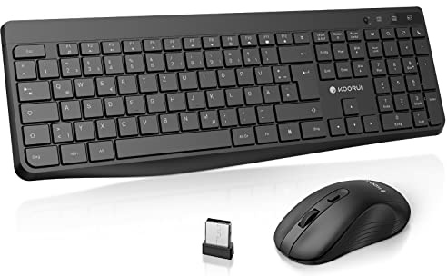 KOORUI Tastatur und Maus Kabellos, Leise Maus Tastatur Set Deutsches Layout QWERTZ mit 12 Funktionstasten 2.4 GHz Tastatur Maus Set für Windows,MacOS,Linux-Schwarz