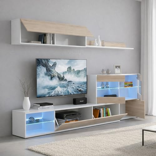 Dmora - Wohnwand Adams, Modulares Eck-Wohnzimmerset, Multipositions-Wohnzimmermöbel mit LED-Licht, 260x41h180 cm, Eiche und Weiß