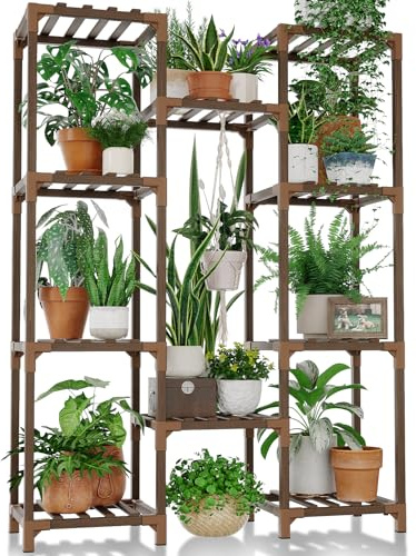 Bamworld Pflanzenständer Blumenständer Hoch Pflanzentreppe Blumenständer für Draußen Pflanzenregal Terrasse Balkon Gartendekor Braun