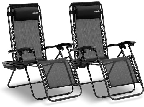SereneLife Sonnenliege Klappbar 2er Set, Zero Gravity Liegestuhl Garten, bis 120 kg Schwarz, Verstellbar und Wetterfest, mit Tisch und Getränkehalter, für Balkon Terrasse Strand Relax